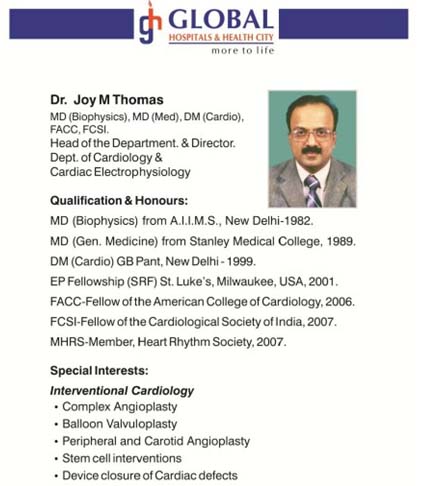Dr. Joy Thomas  Sr. Consultant Cardiology, India